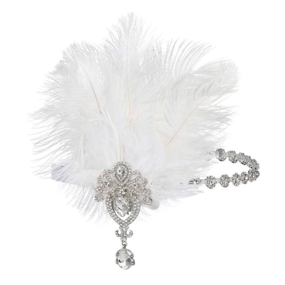 SWEETV 1920s Ivory Ostrich Feather Headpiece - Ribbon Tie